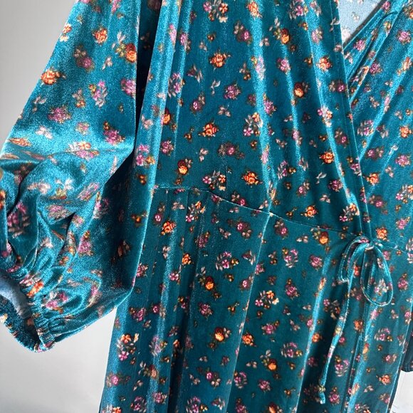 Wrap Style Velour Mini Dress Dark Teal Floral - Picture 5 of 6